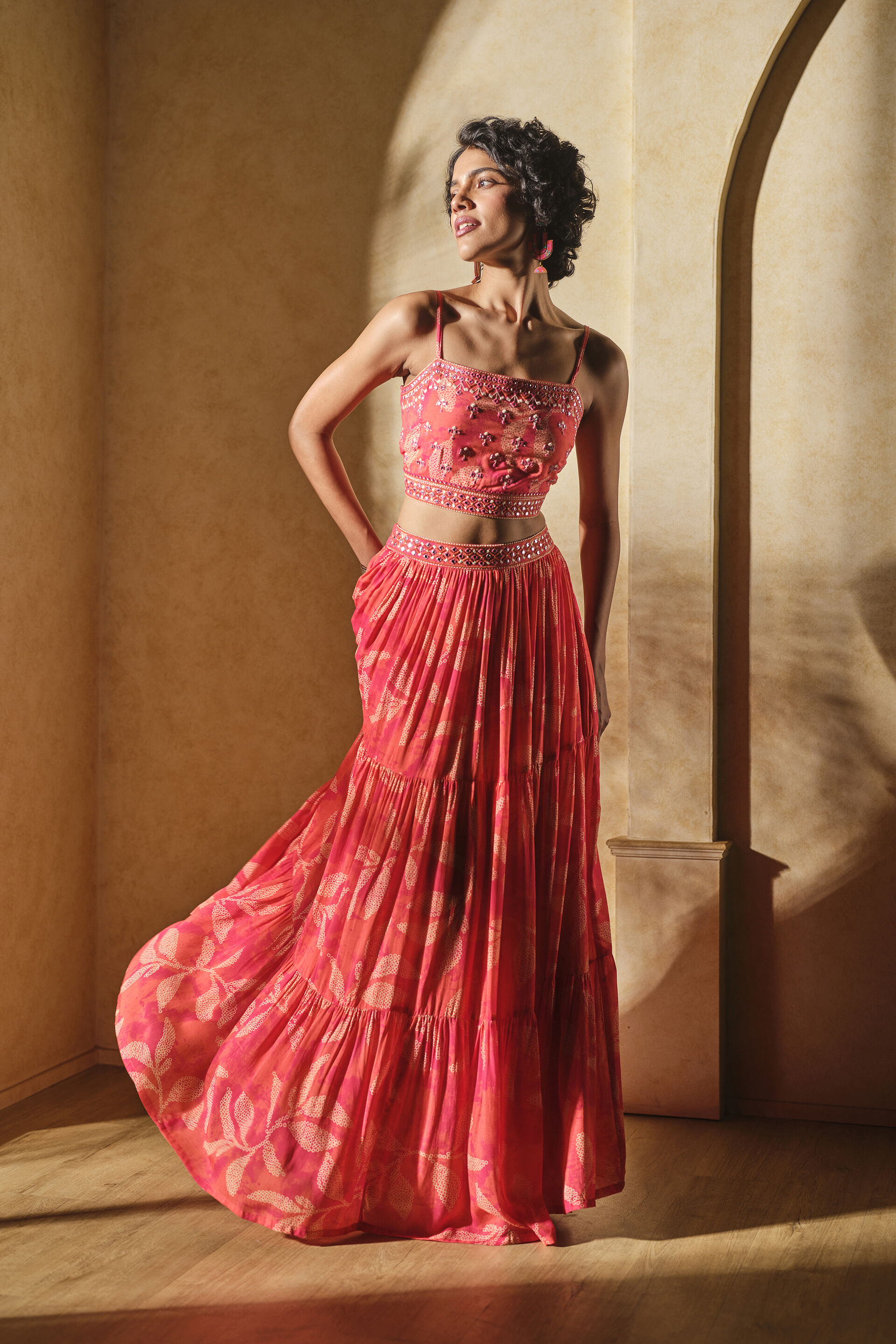 Leafy Print Skirt Set, Coral, image 10